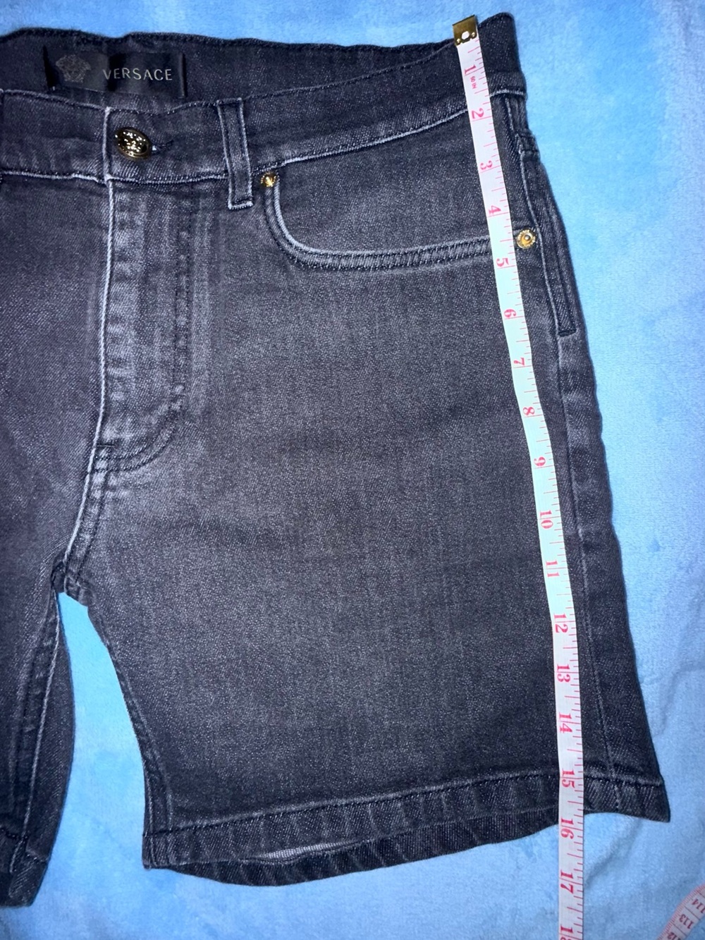 Versace Black Denim Shorts with Gold Accents - Picture 12 of 13
